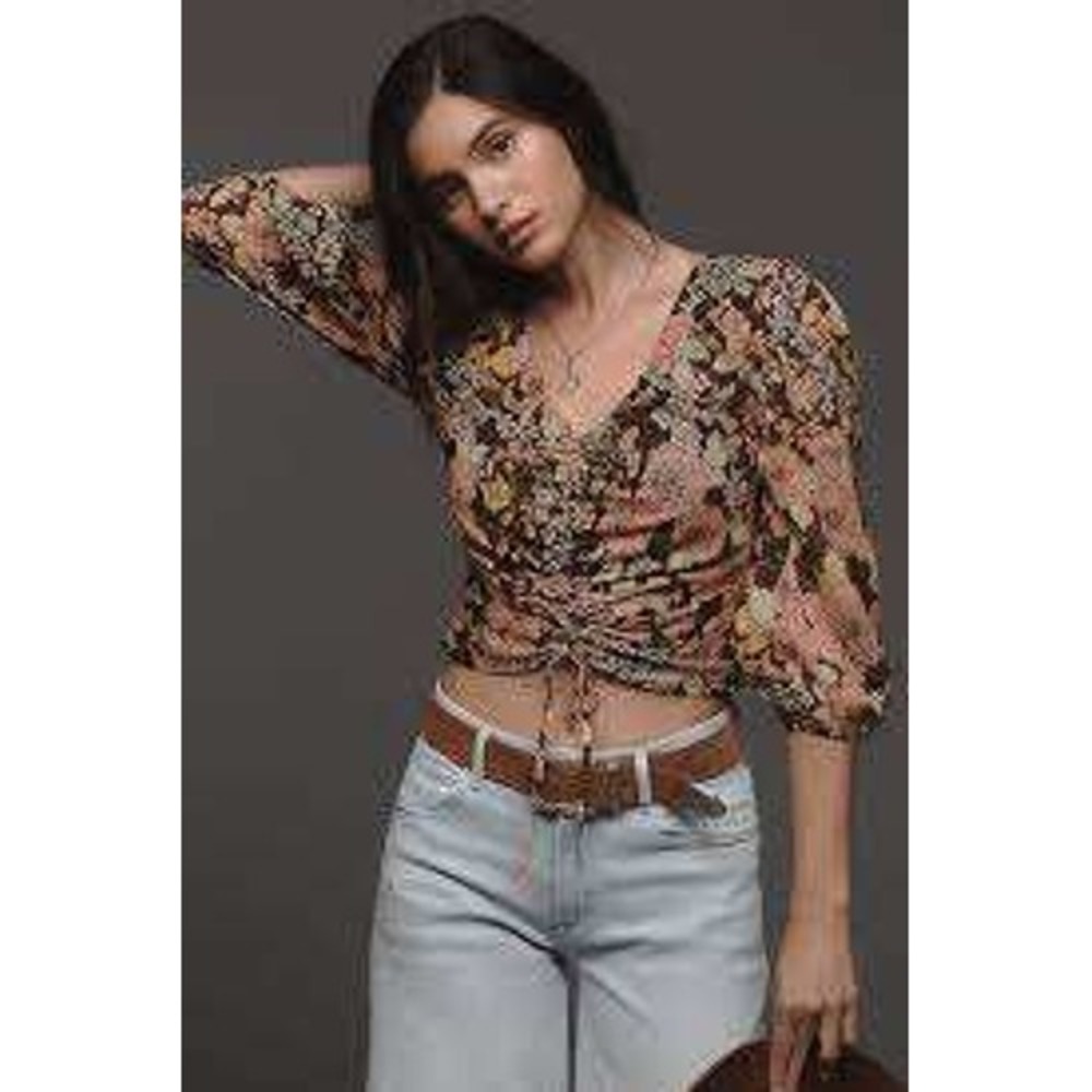 MOTHER The Ruched Front Blouse Floral V-Neck Crop‎ Top Brown Pink XL